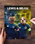 Personalized 2 pet puzzle featuring dogs in Scotland soccer uniforms with names "Lewis & Bram".