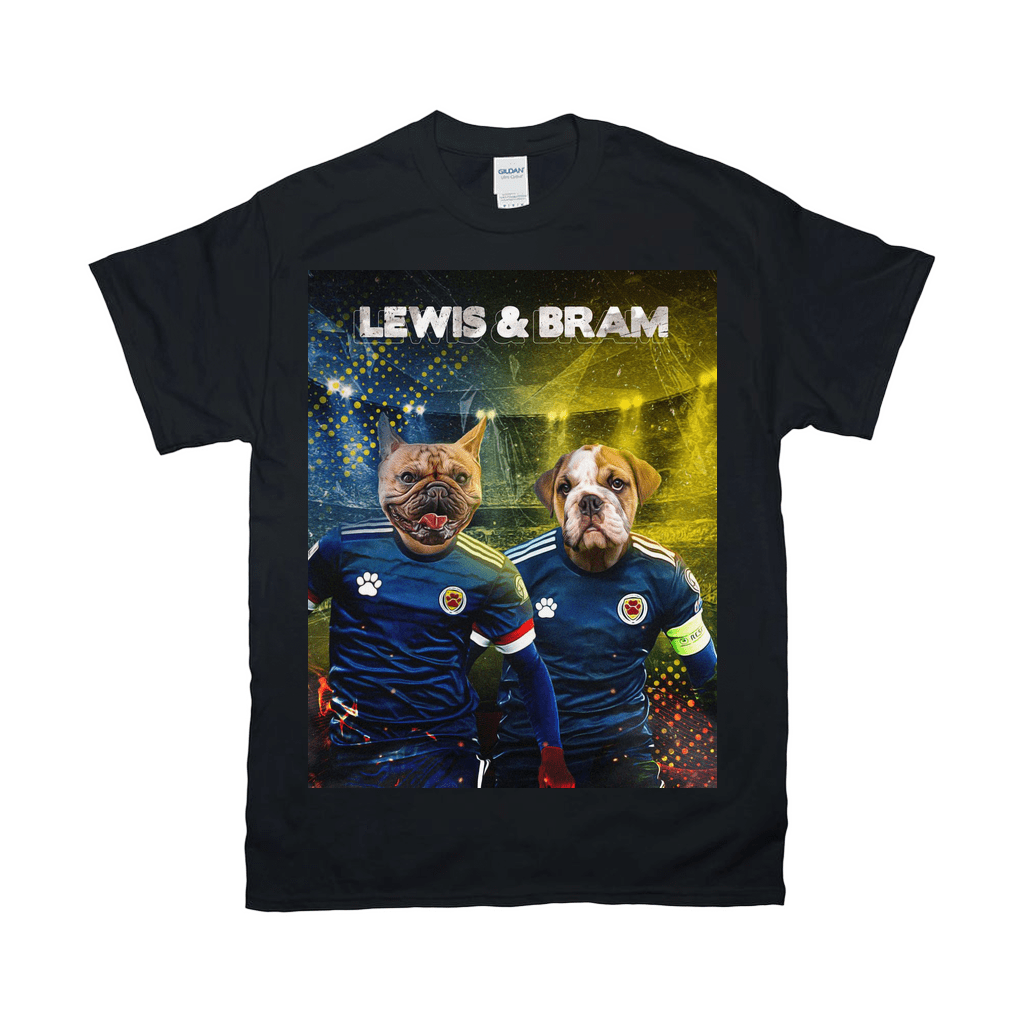 Black Gildan t-shirt featuring two personalized pets, a French Bulldog and an English Bulldog, in Scotland soccer kits.