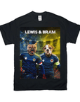Black Gildan t-shirt featuring two personalized pets, a French Bulldog and an English Bulldog, in Scotland soccer kits.