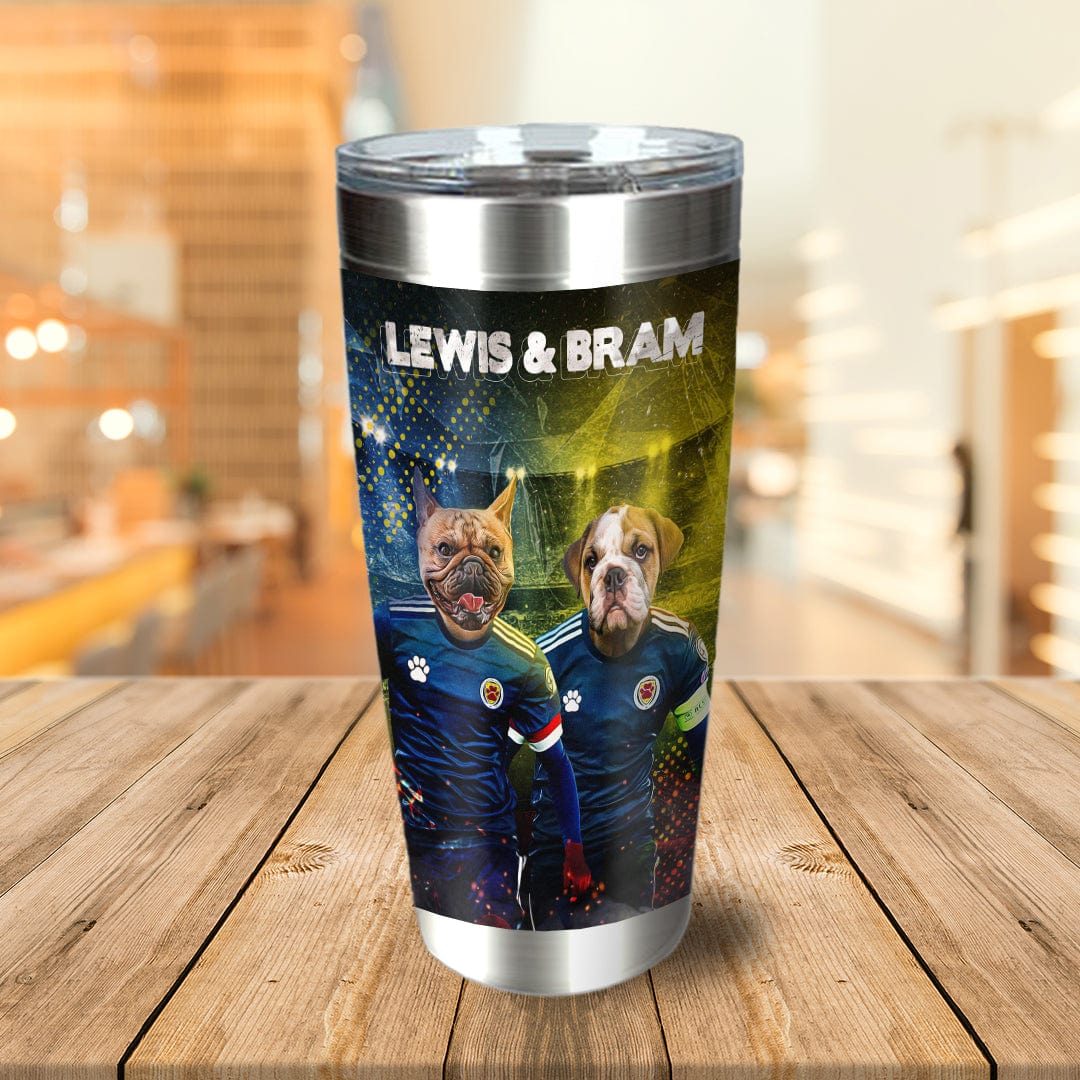 Personalized stainless steel tumbler with two dogs in soccer uniforms, "Lewis & Bram" text.