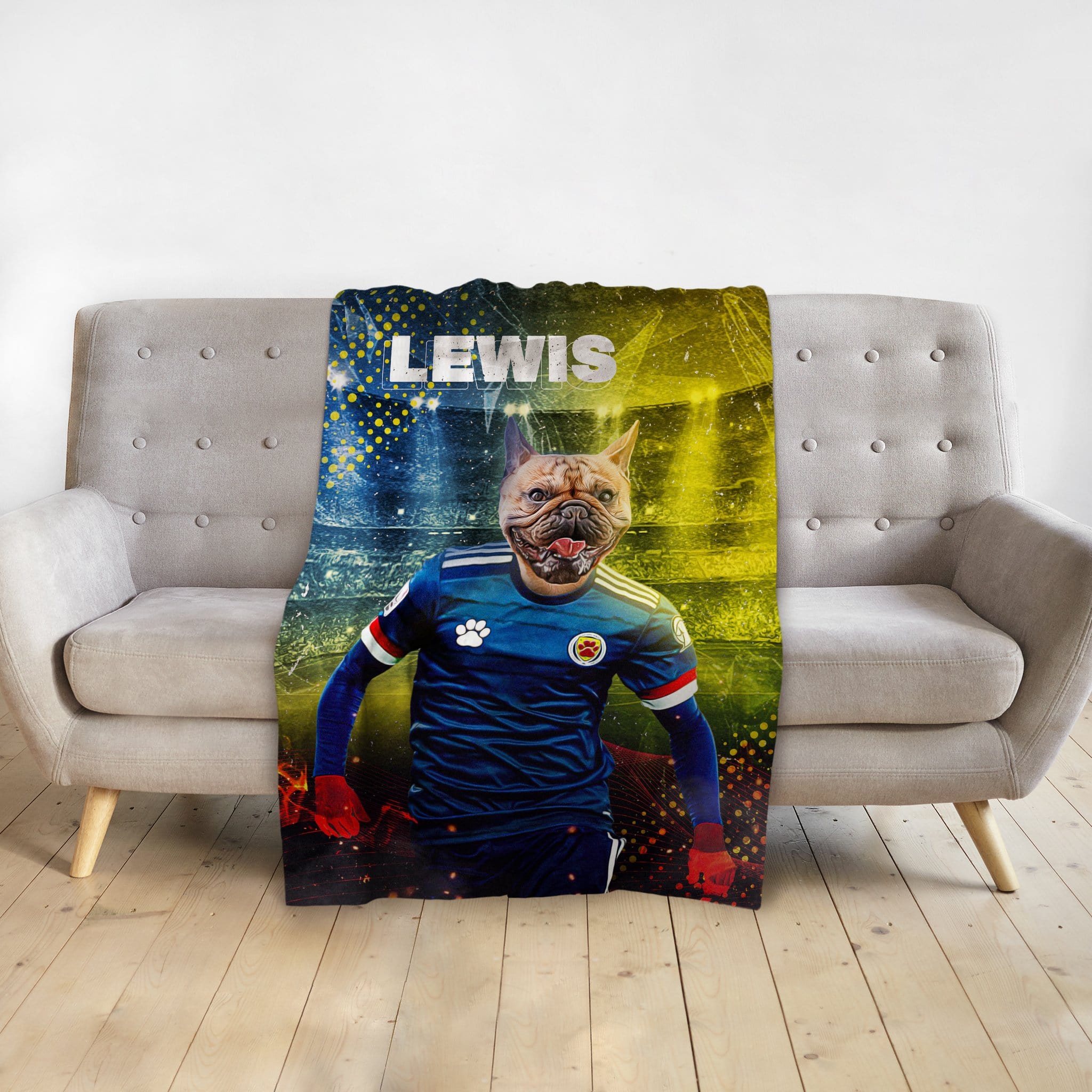 Personalized pet blanket with a French Bulldog in a blue soccer uniform, named "LEWIS".