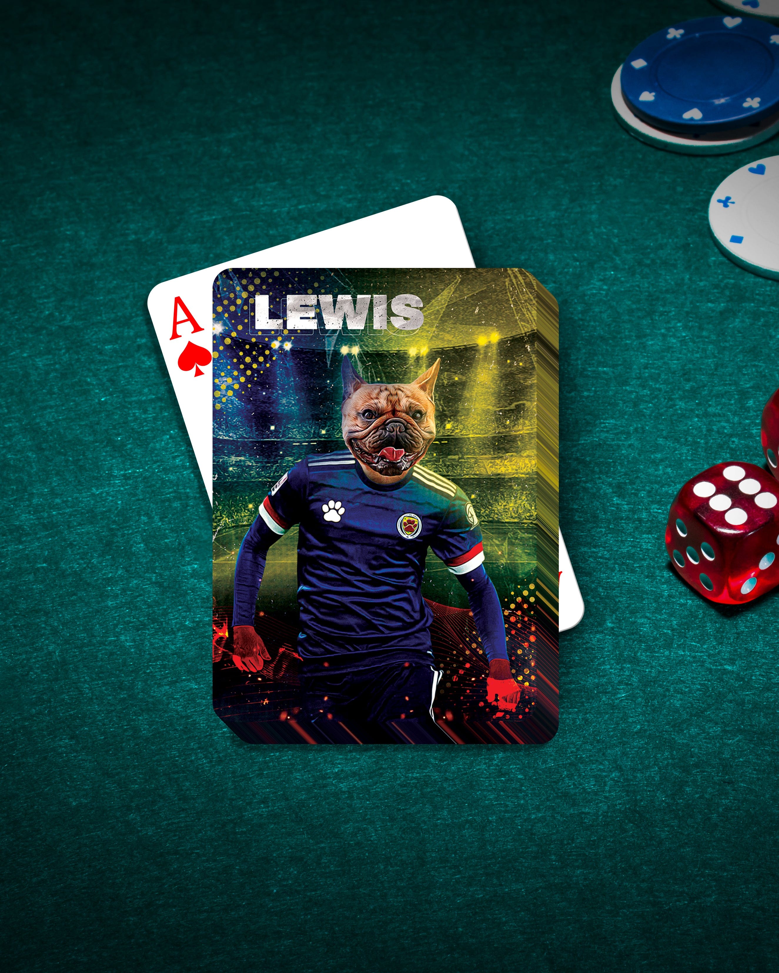 Personalized playing card featuring a dog in a soccer uniform, with an Ace of Spades visible.