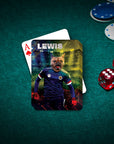 Personalized playing card featuring a dog in a soccer uniform, with an Ace of Spades visible.