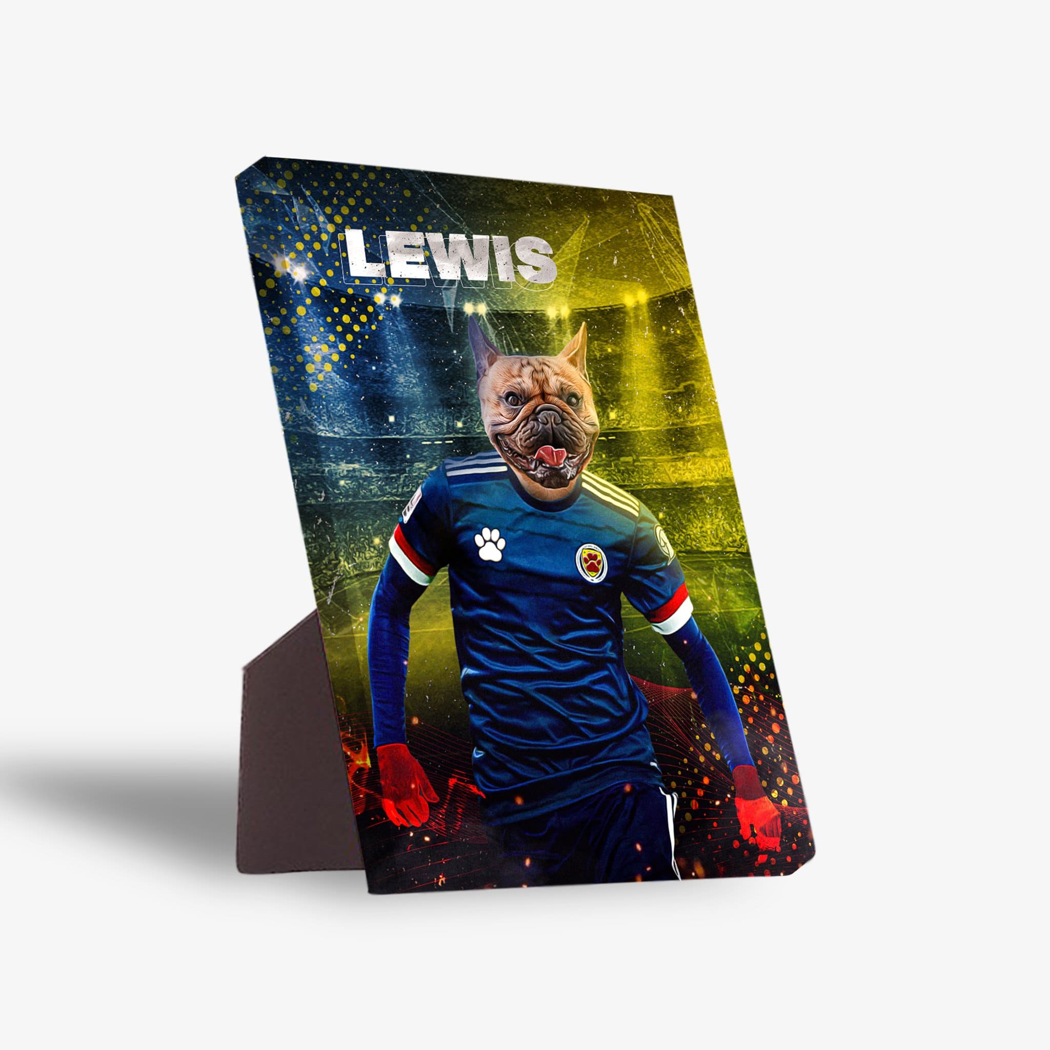 Personalized pet standing canvas featuring a French bulldog in a Scotland soccer uniform, with "LEWIS" above.