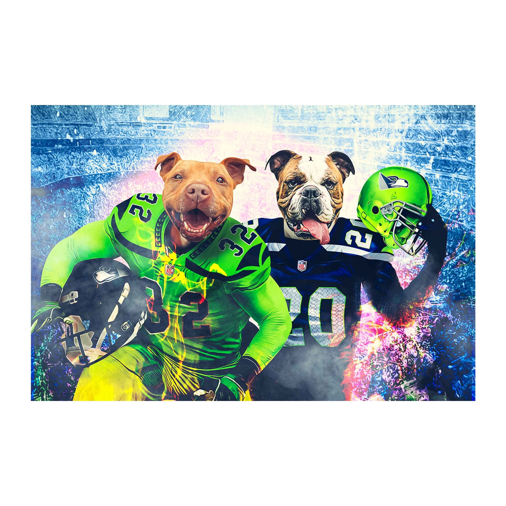 Personalized digital portrait of two dogs as football players in Seattle Seahawks and Dallas Cowboys uniforms.