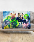 Personalized minky blanket with two dogs in Seattle Seahawks football uniforms.