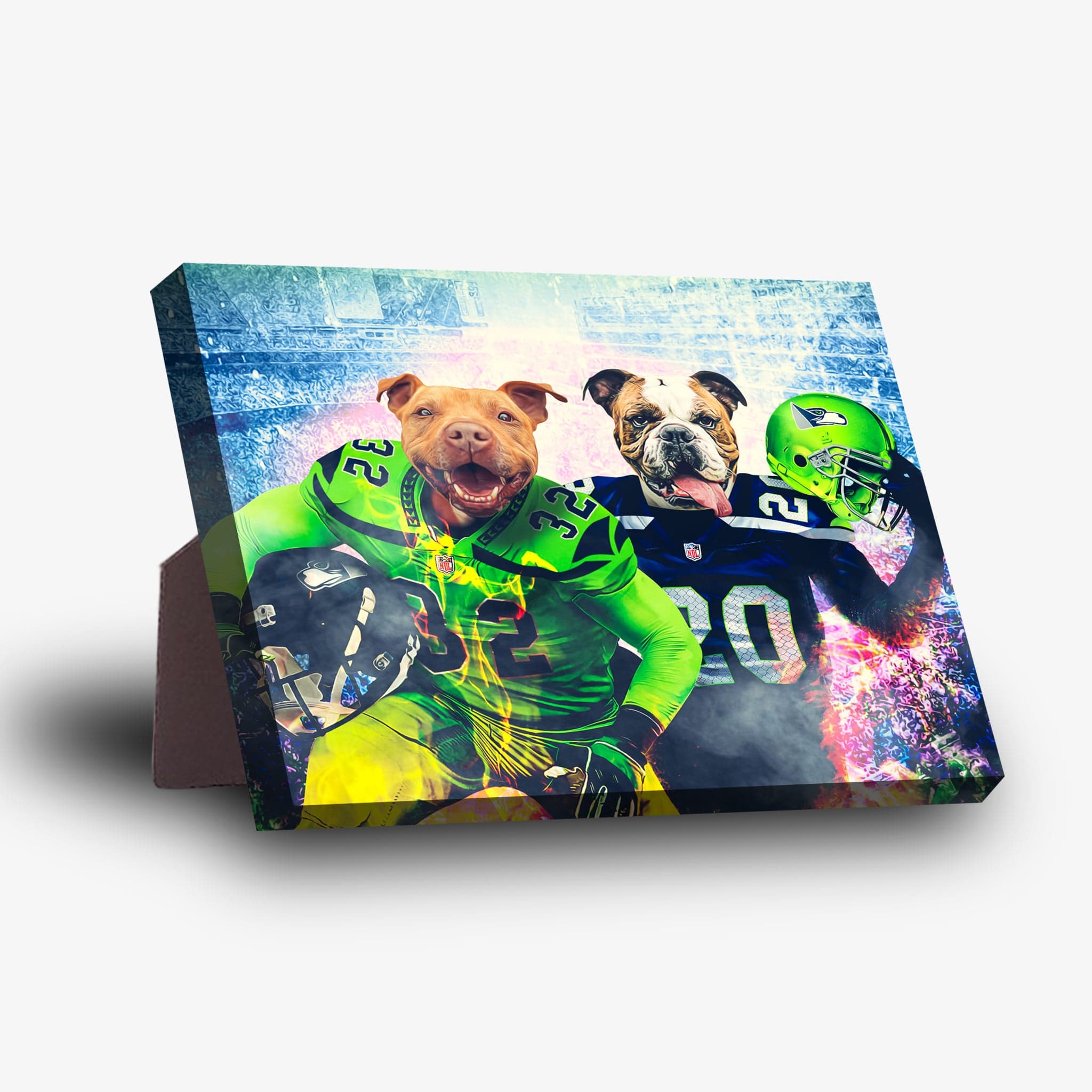 Personalized 'Seattle Doggos' standing canvas featuring two pets as football players in green and blue uniforms.