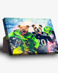 Personalized 'Seattle Doggos' standing canvas featuring two pets as football players in green and blue uniforms.