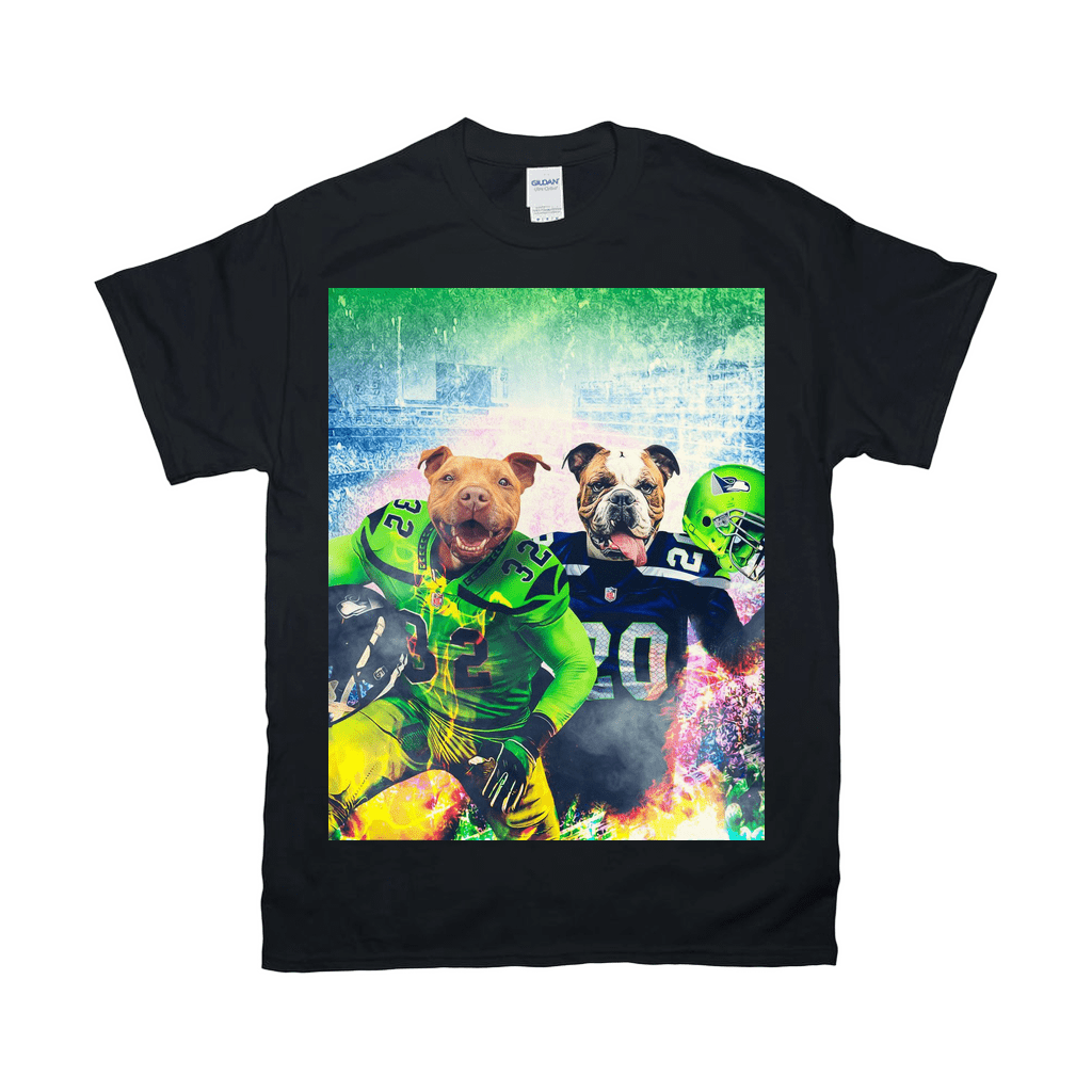 Black Gildan t-shirt with two personalized pet portraits dressed as football players.