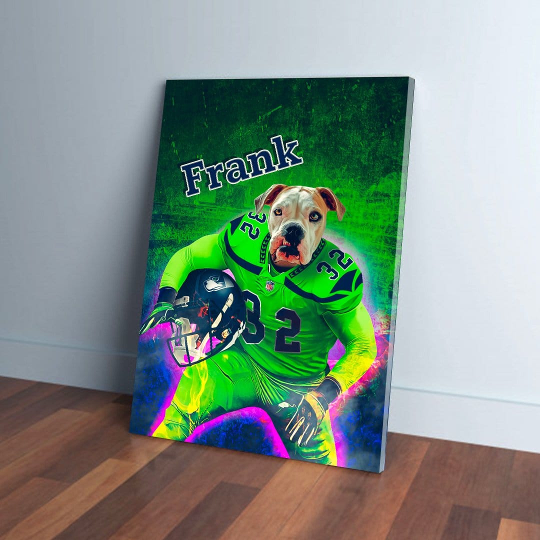 Personalized 'Seattle Doggos' canvas featuring a bulldog in a neon green football uniform with "Frank" above.