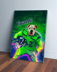 Personalized 'Seattle Doggos' canvas featuring a bulldog in a neon green football uniform with "Frank" above.