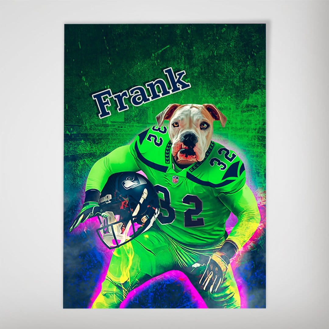 Personalized 'Seattle Doggos' poster featuring a bulldog in a green football uniform with "Frank" above.