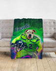Personalized pet blanket with a dog portrait in a green football uniform, named "Frank.