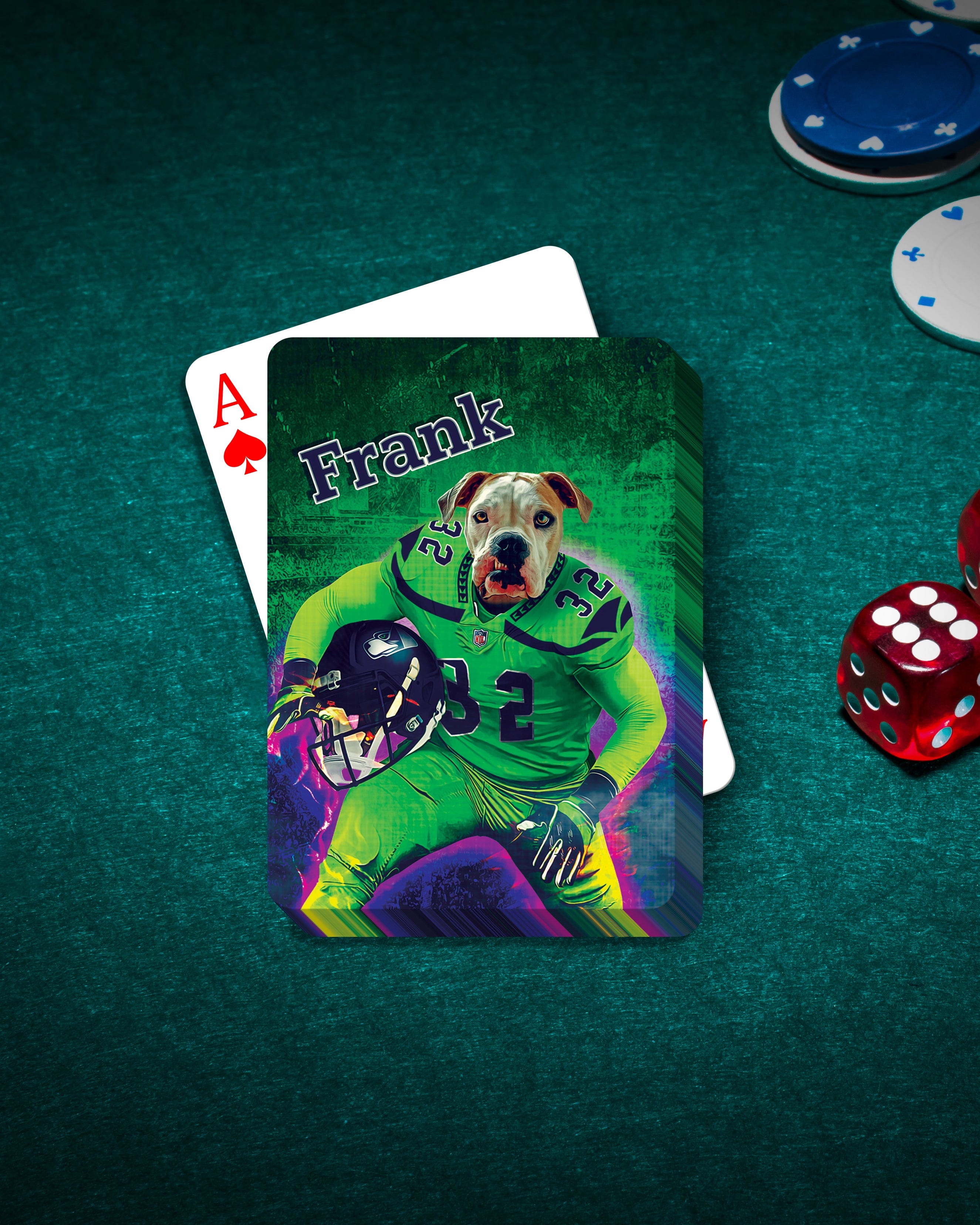 Personalized pet playing card featuring a bulldog in a green football uniform, named "Frank".