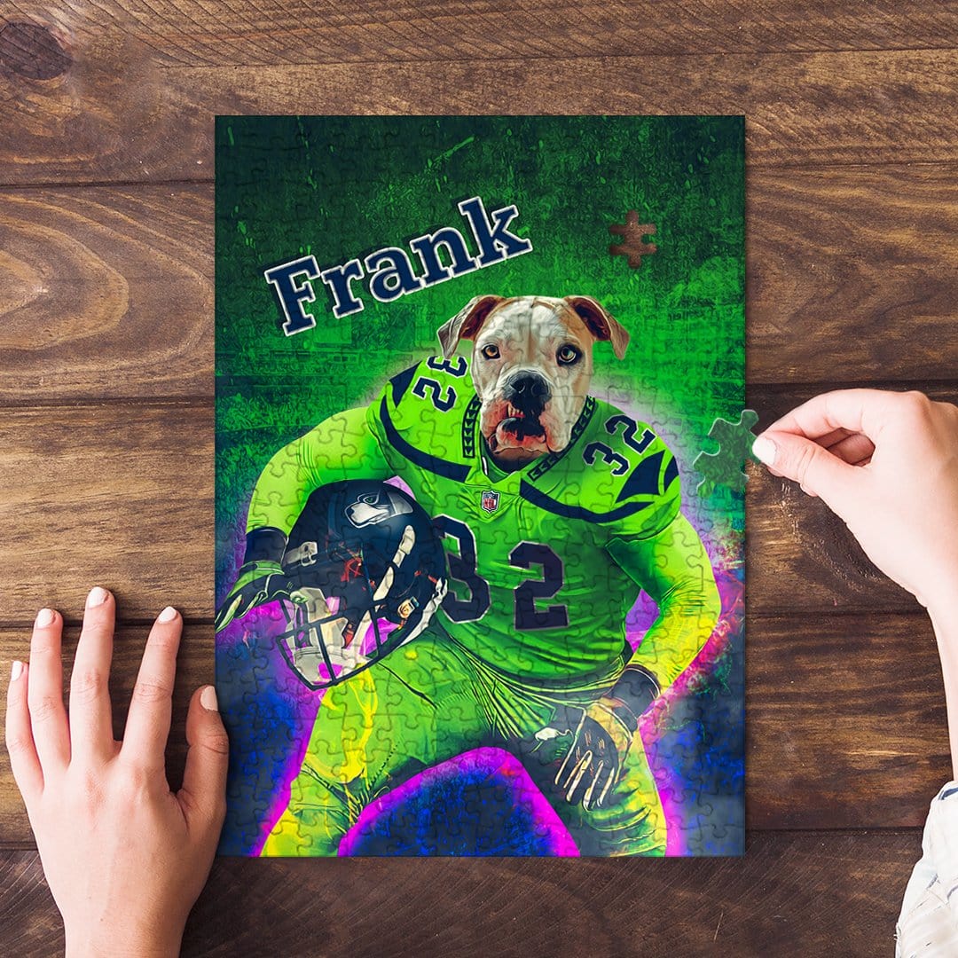 Personalized pet puzzle featuring a bulldog in a green football uniform, with the name "Frank".