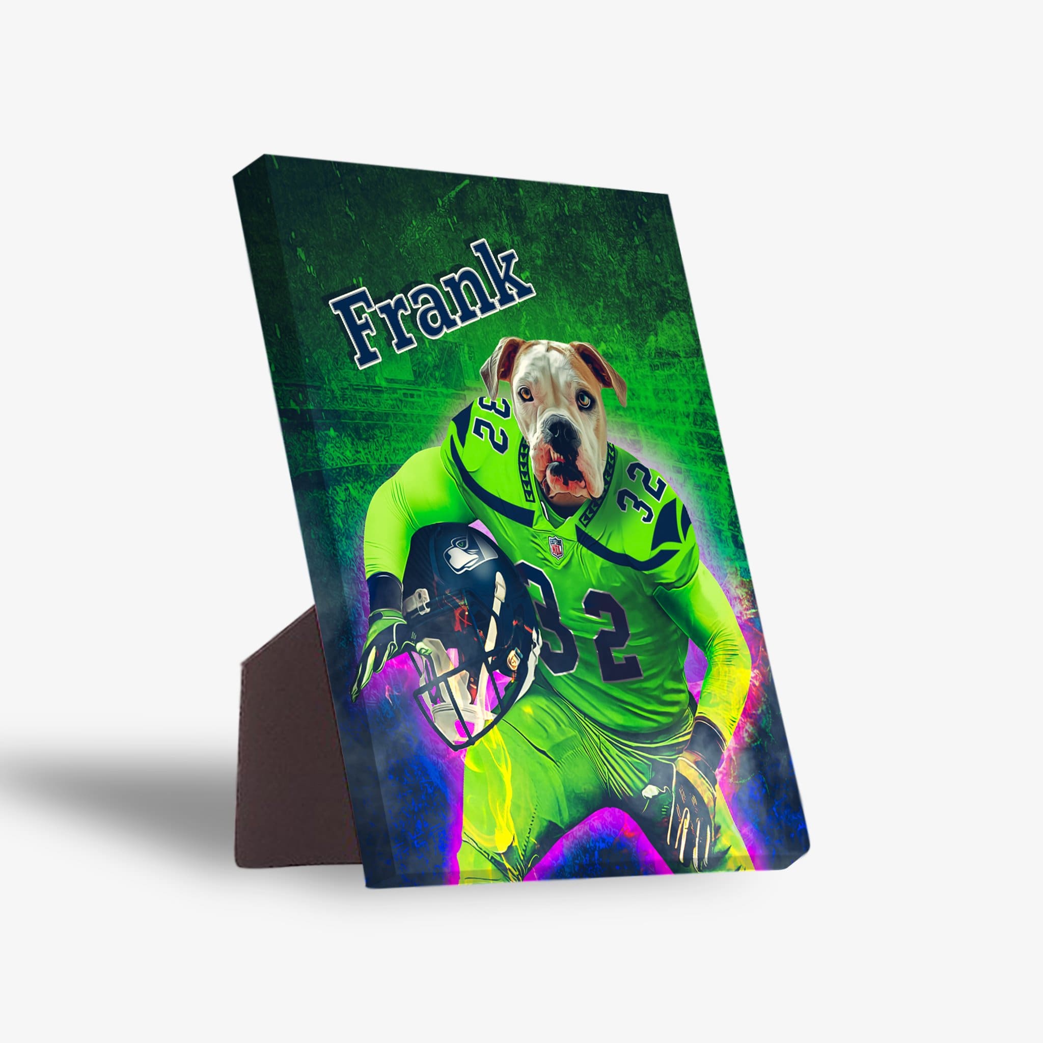 Personalized pet standing canvas featuring a bulldog in a green football uniform, holding a helmet, with "Frank" at the top.