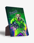 Personalized pet standing canvas featuring a bulldog in a green football uniform, holding a helmet, with "Frank" at the top.