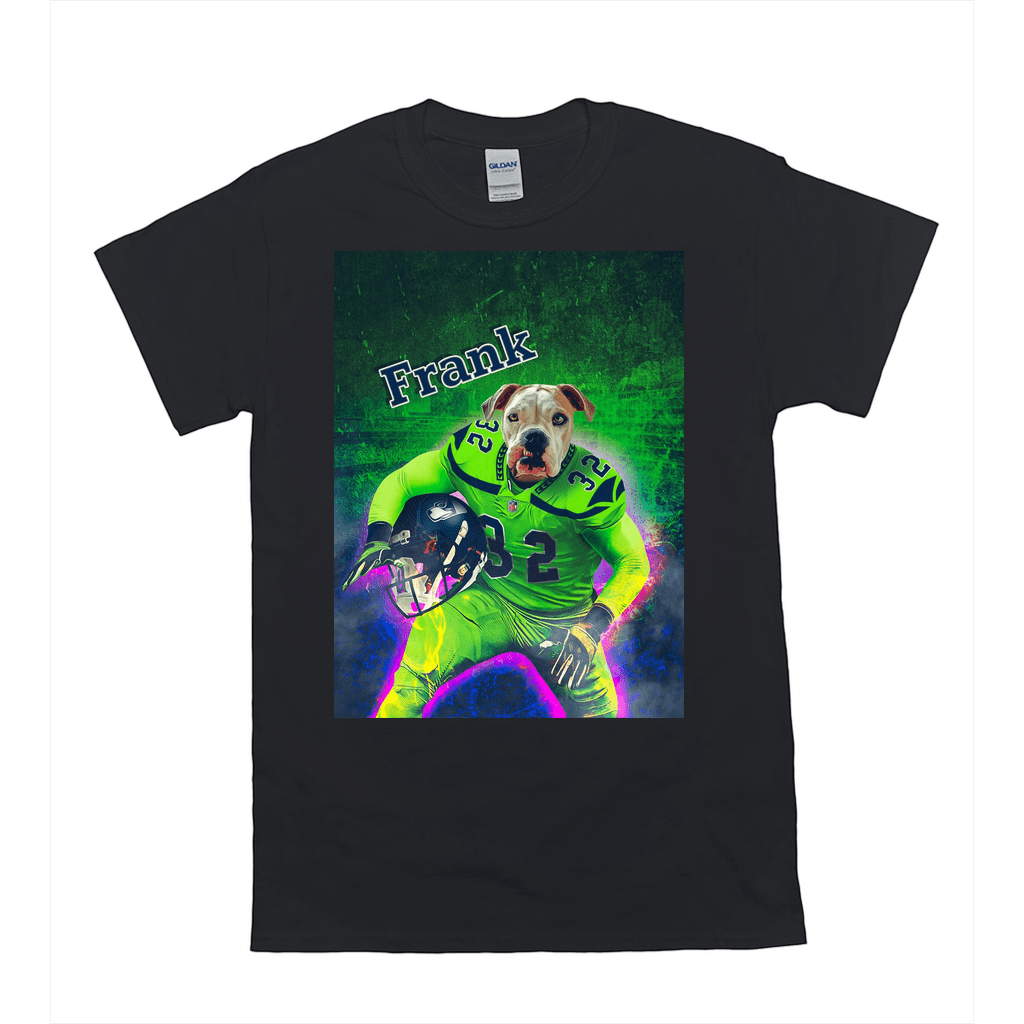 Black Gildan t-shirt with a personalized graphic of a dog in a neon green football uniform, holding a helmet.