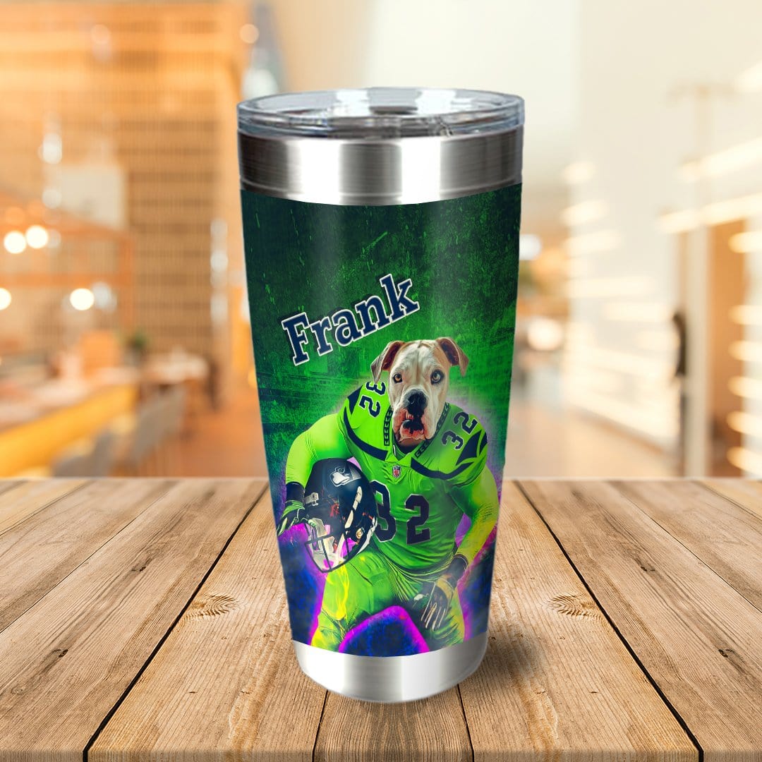Personalized stainless steel tumbler with a custom dog portrait in a football uniform.