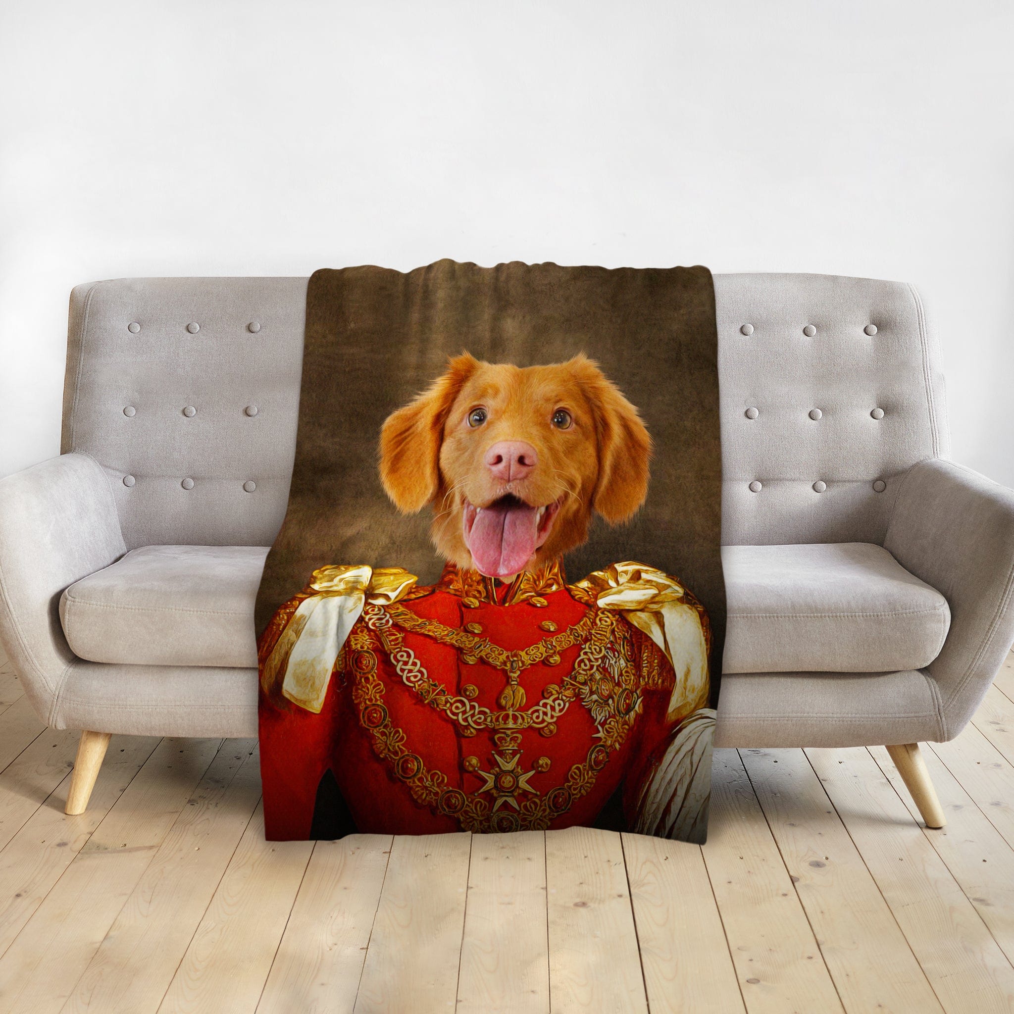 Personalized pet blanket with a Nova Scotia Duck Tolling Retriever in a red royal military uniform.