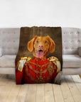 Personalized pet blanket with a Nova Scotia Duck Tolling Retriever in a red royal military uniform.