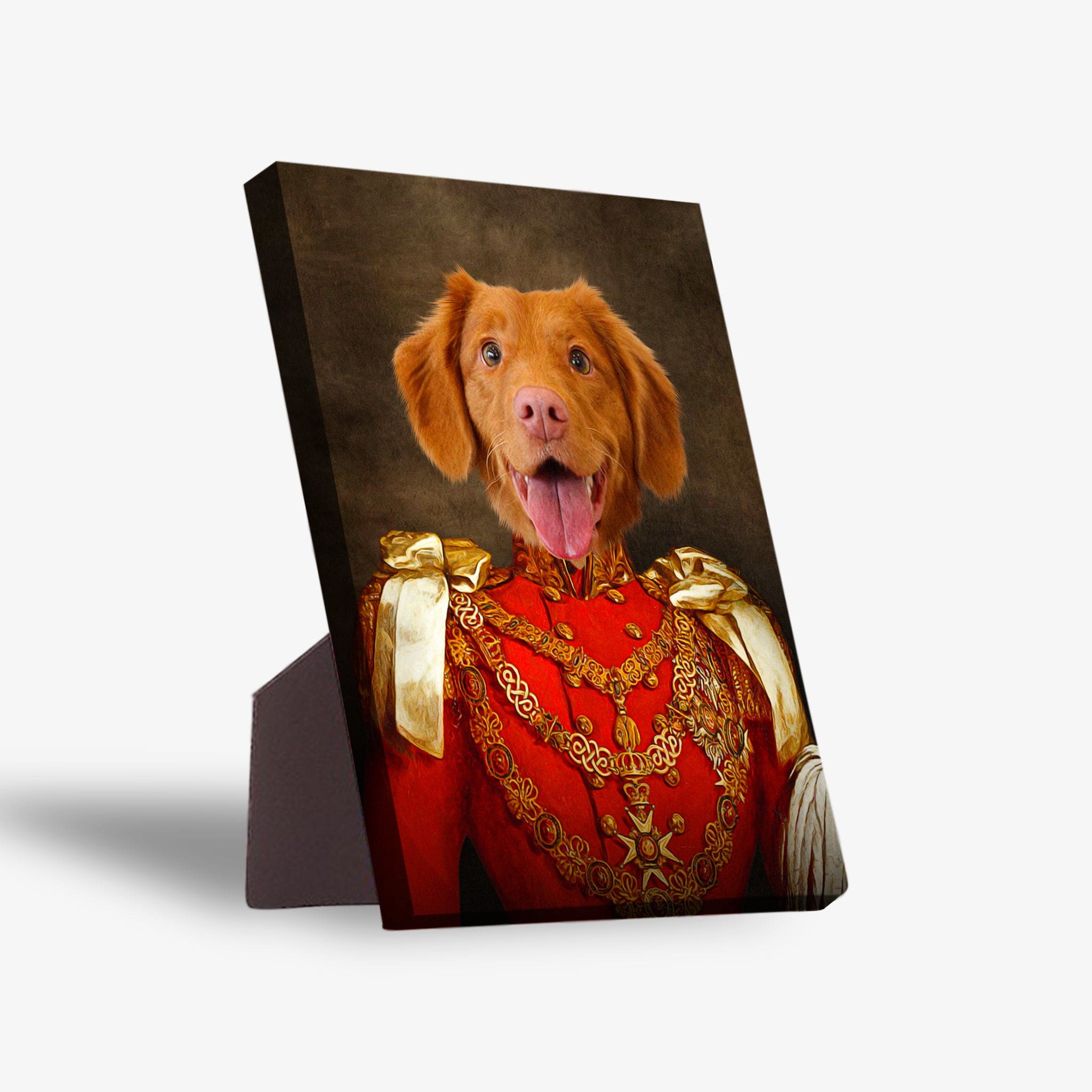 Personalized pet standing canvas featuring a Nova Scotia Duck Tolling Retriever in a red and gold military uniform.
