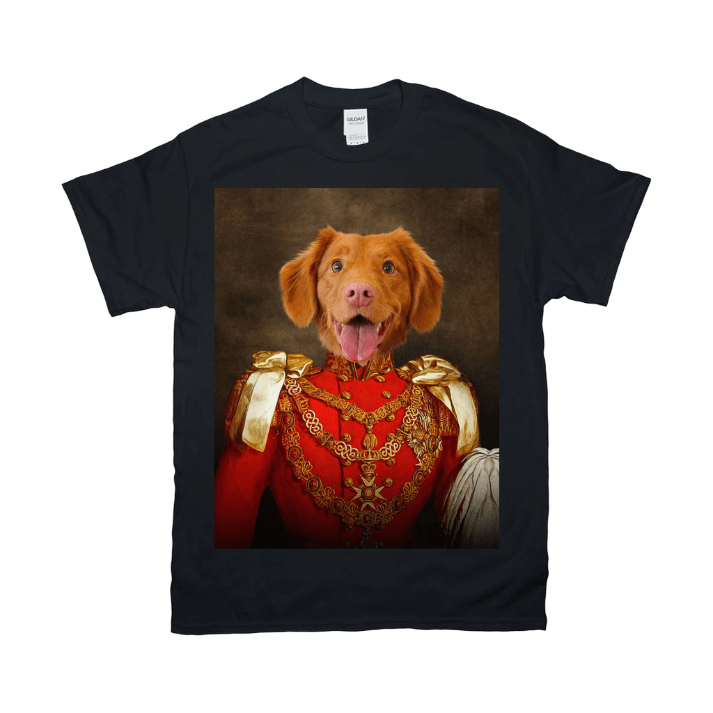 Black Gildan t-shirt featuring a personalized portrait of a dog in a red military uniform.