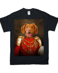 Black Gildan t-shirt featuring a personalized portrait of a dog in a red military uniform.