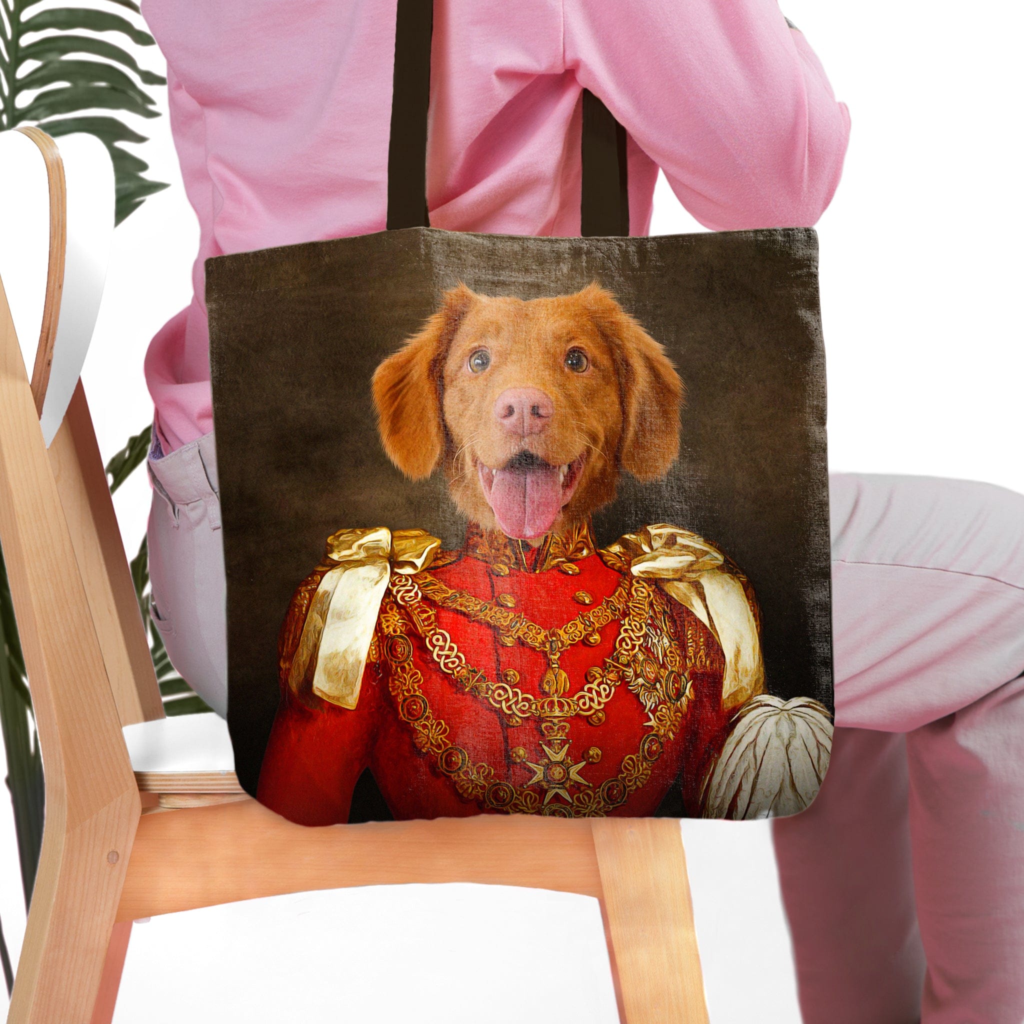 Personalized tote bag with a custom dog portrait in a royal, renaissance-style military uniform.
