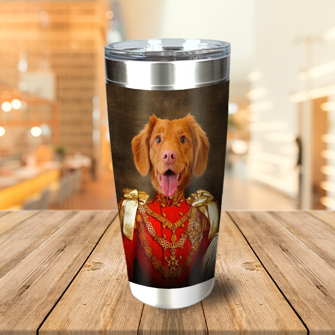 Personalized stainless steel tumbler with a custom royal dog portrait in a red military uniform.