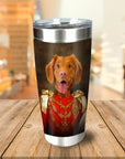 Personalized stainless steel tumbler with a custom royal dog portrait in a red military uniform.
