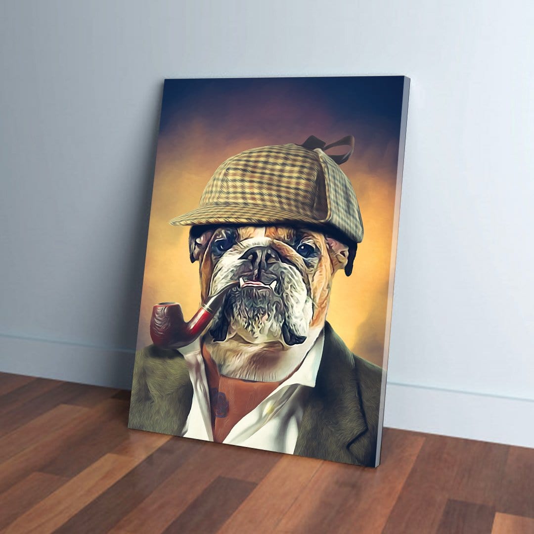 Personalized Sherlock Doggo canvas featuring a bulldog in a plaid deerstalker hat and pipe.