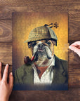 Personalized pet puzzle featuring a bulldog in a Sherlock Holmes detective costume with a pipe.