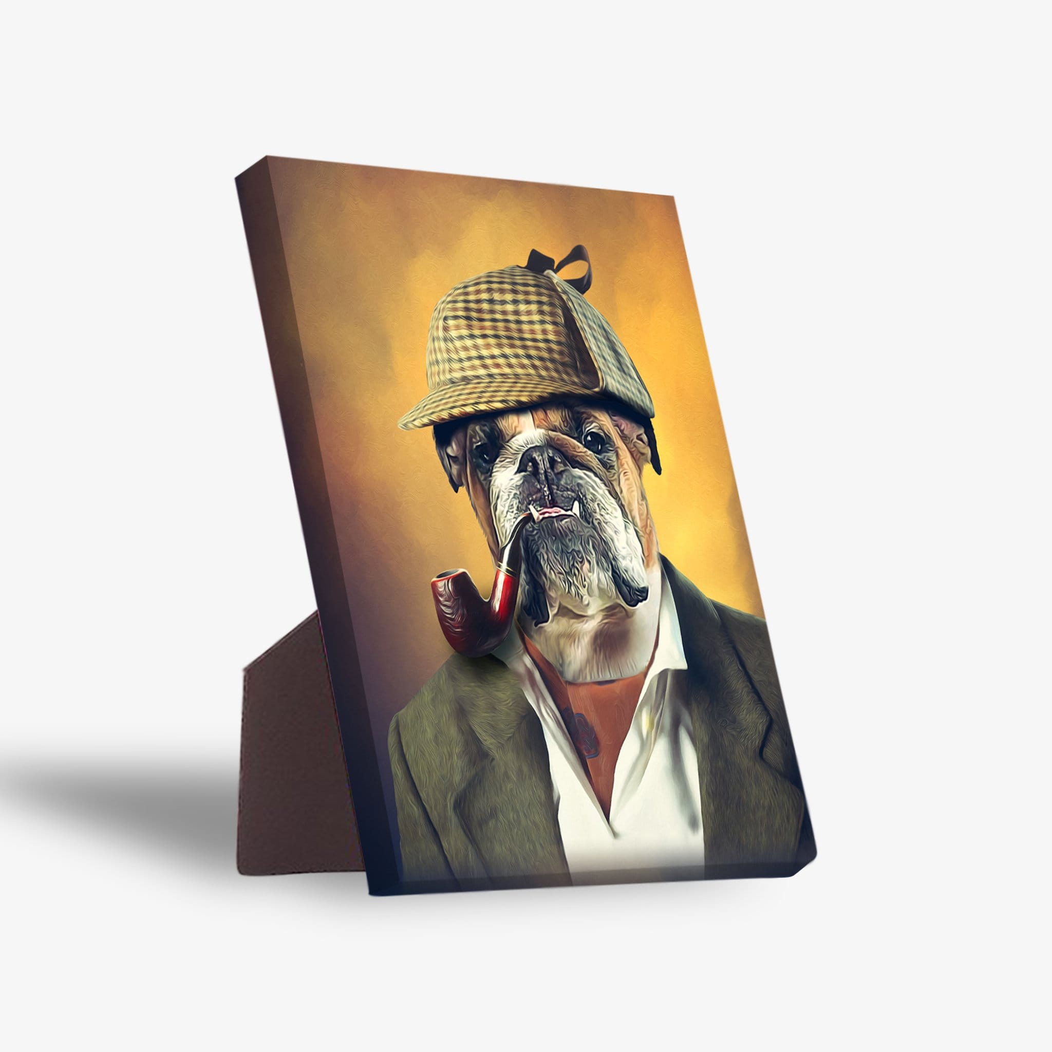 Personalized "Sherlock Doggo" standing canvas featuring a bulldog in a plaid hat and smoking pipe.