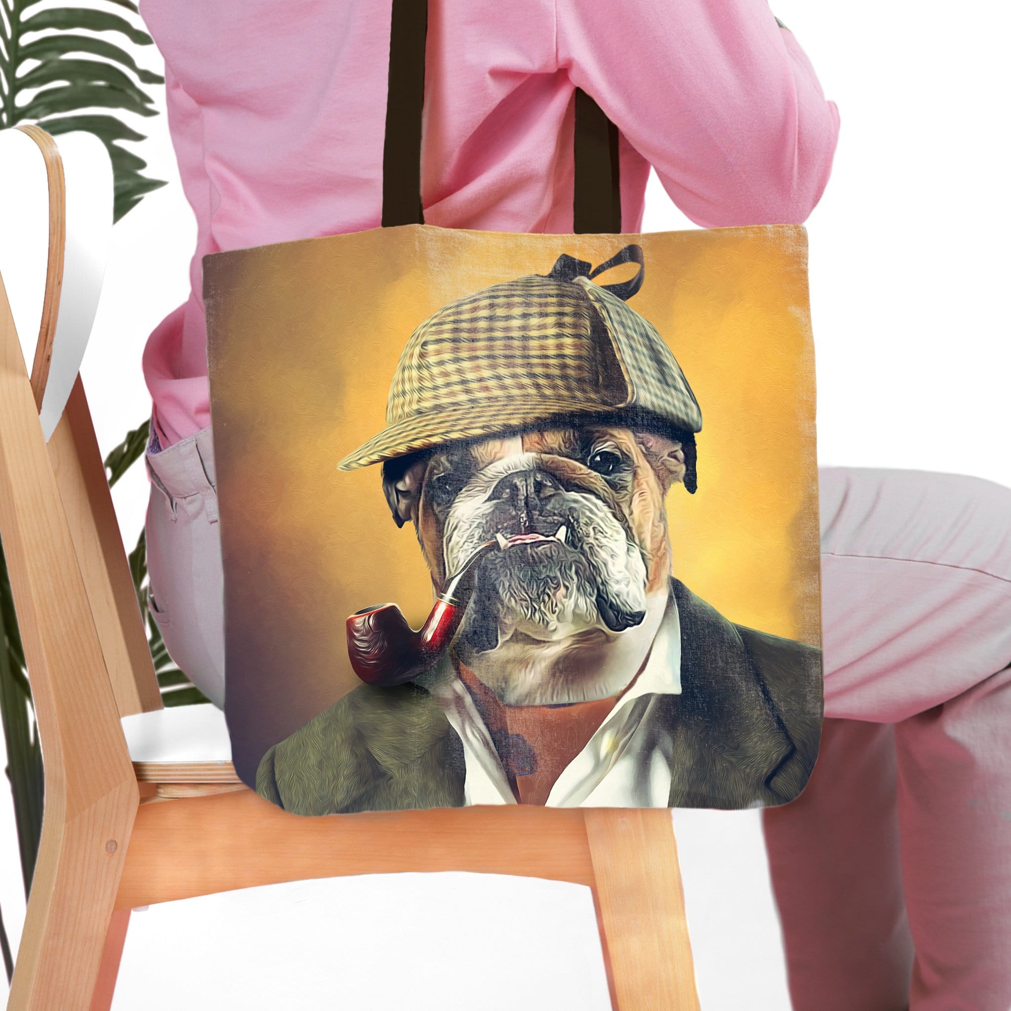 Personalized tote bag with a custom Sherlock-style bulldog pet portrait on a yellow background.