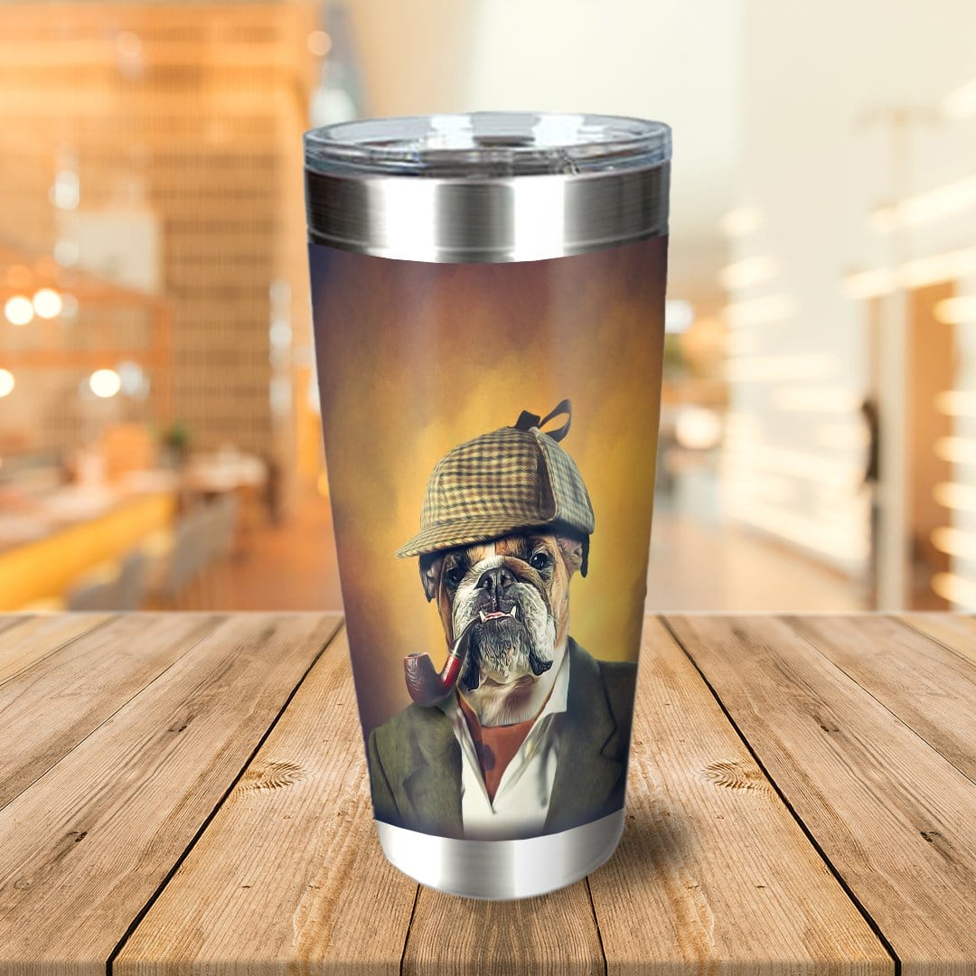 Personalized stainless steel tumbler with a custom Sherlock-style bulldog pet portrait.