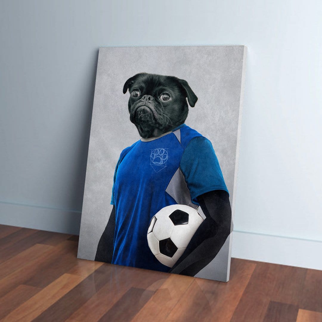 Personalized canvas of a black pug in a blue soccer jersey holding a black and white soccer ball.
