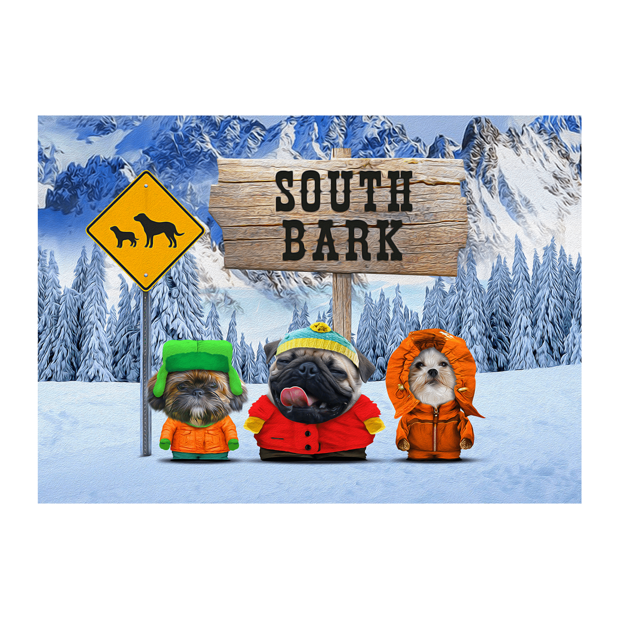 Custom 'South Bark' digital portrait featuring three pets dressed as South Park characters in a snowy landscape.
