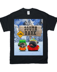 Black Gildan t-shirt with two pugs dressed in winter gear in a snowy "South Bark" mountain scene.
