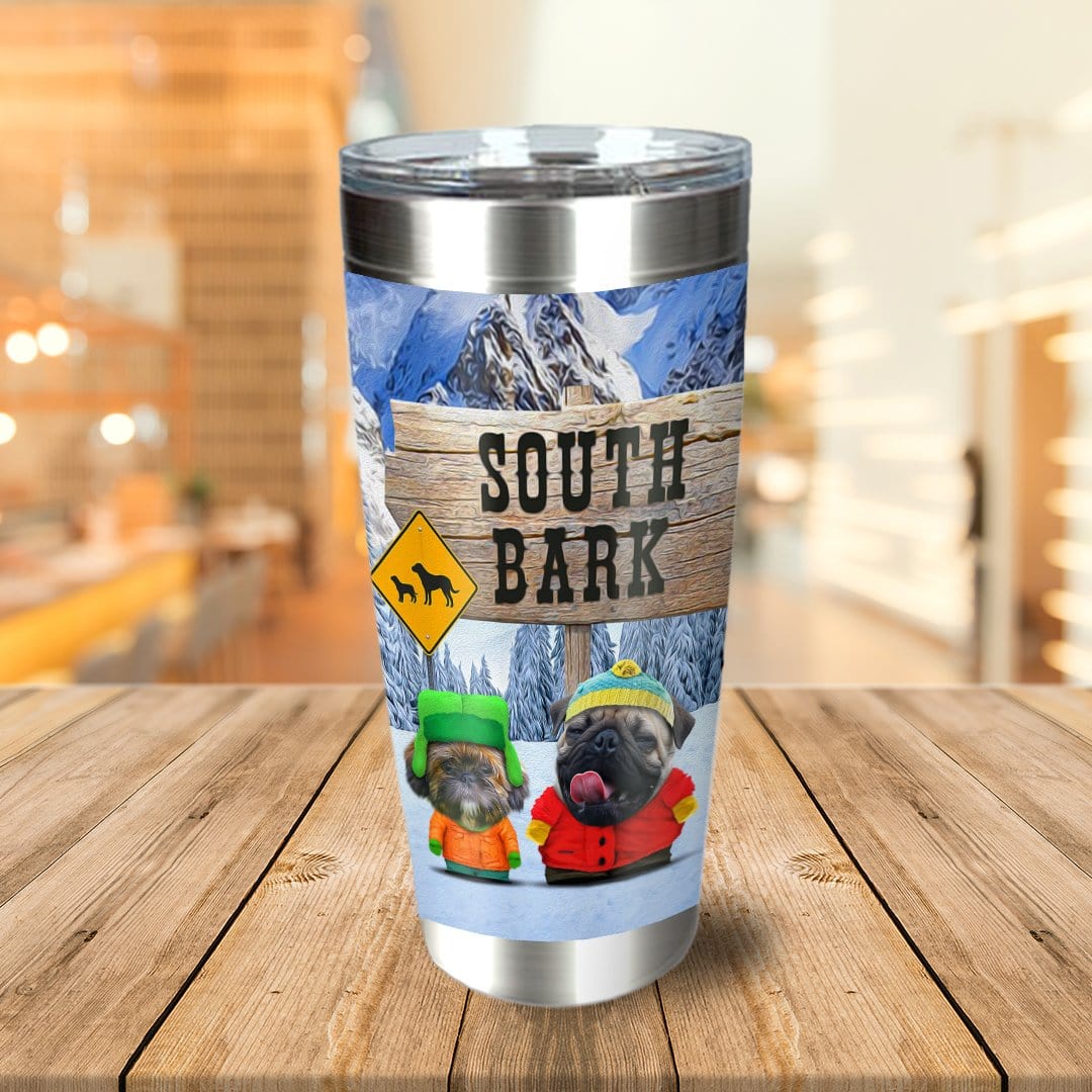 Personalized stainless steel tumbler with two dogs in winter gear and a "South Bark" sign.