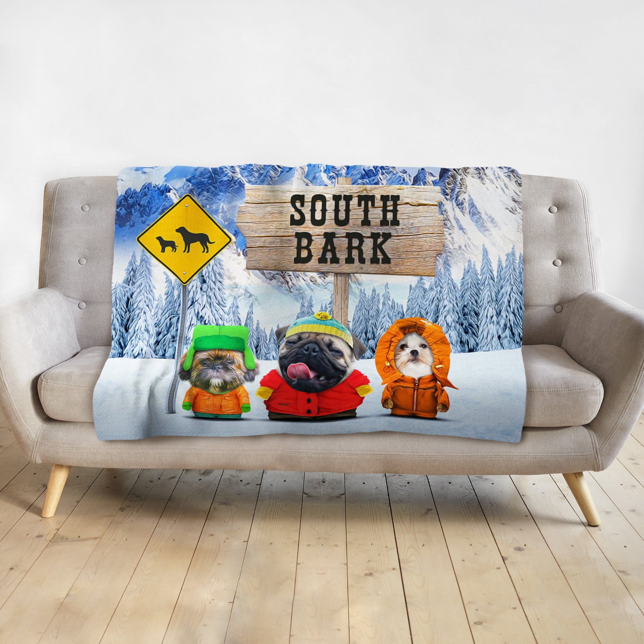 Personalized 3 pet blanket with dogs in South Bark cartoon style, snowy mountain background.