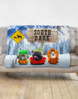 Personalized 3 pet blanket with dogs in South Bark cartoon style, snowy mountain background.