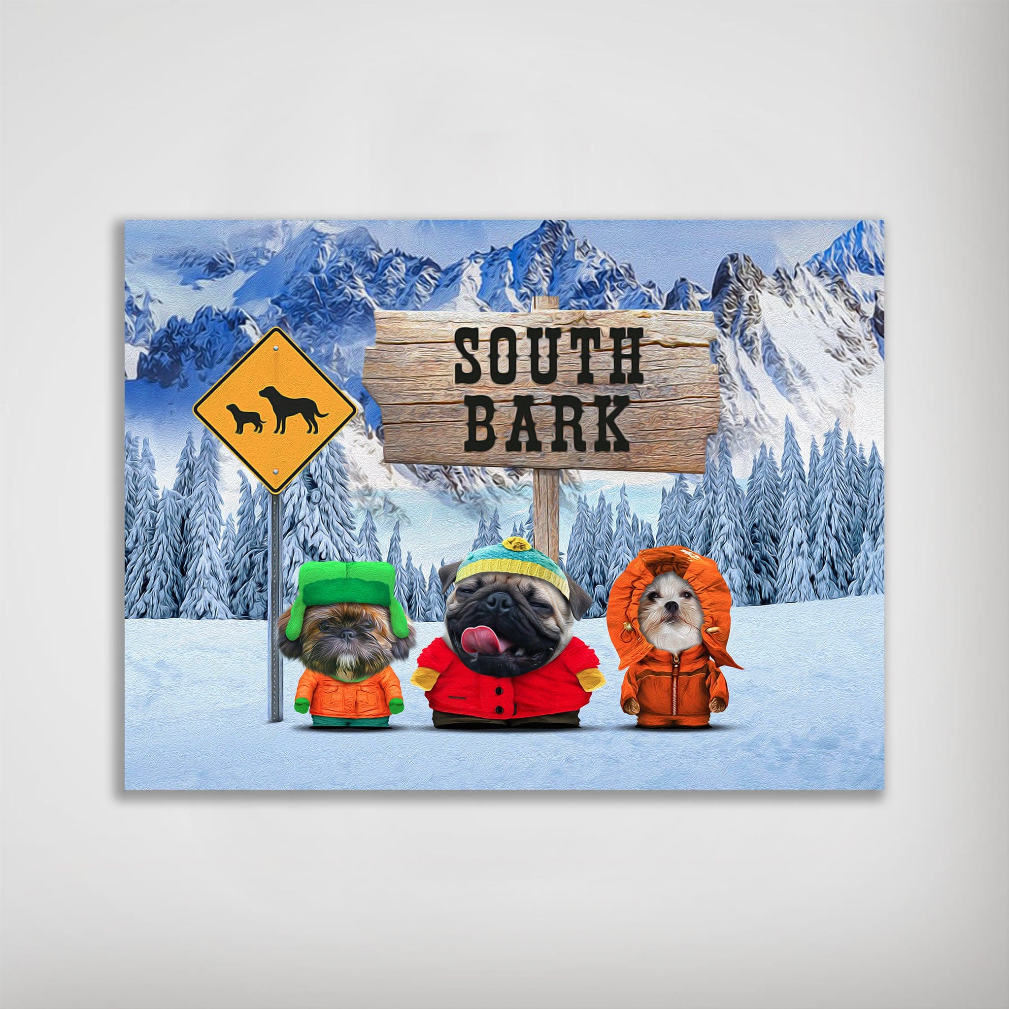 Personalized "South Bark" poster featuring three pets dressed in winter coats against snowy mountains.