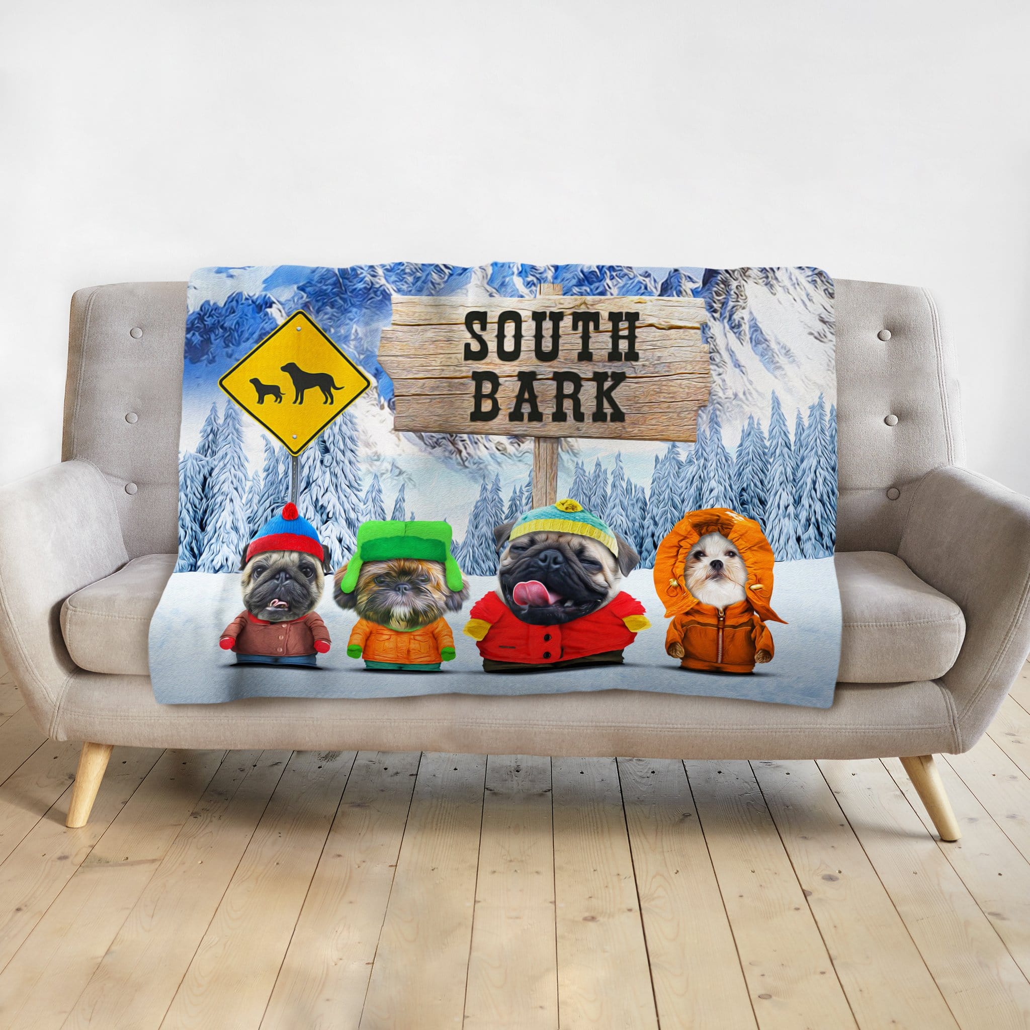 Personalized South Bark pet blanket featuring four dogs dressed as South Park characters.