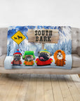 Personalized South Bark pet blanket featuring four dogs dressed as South Park characters.