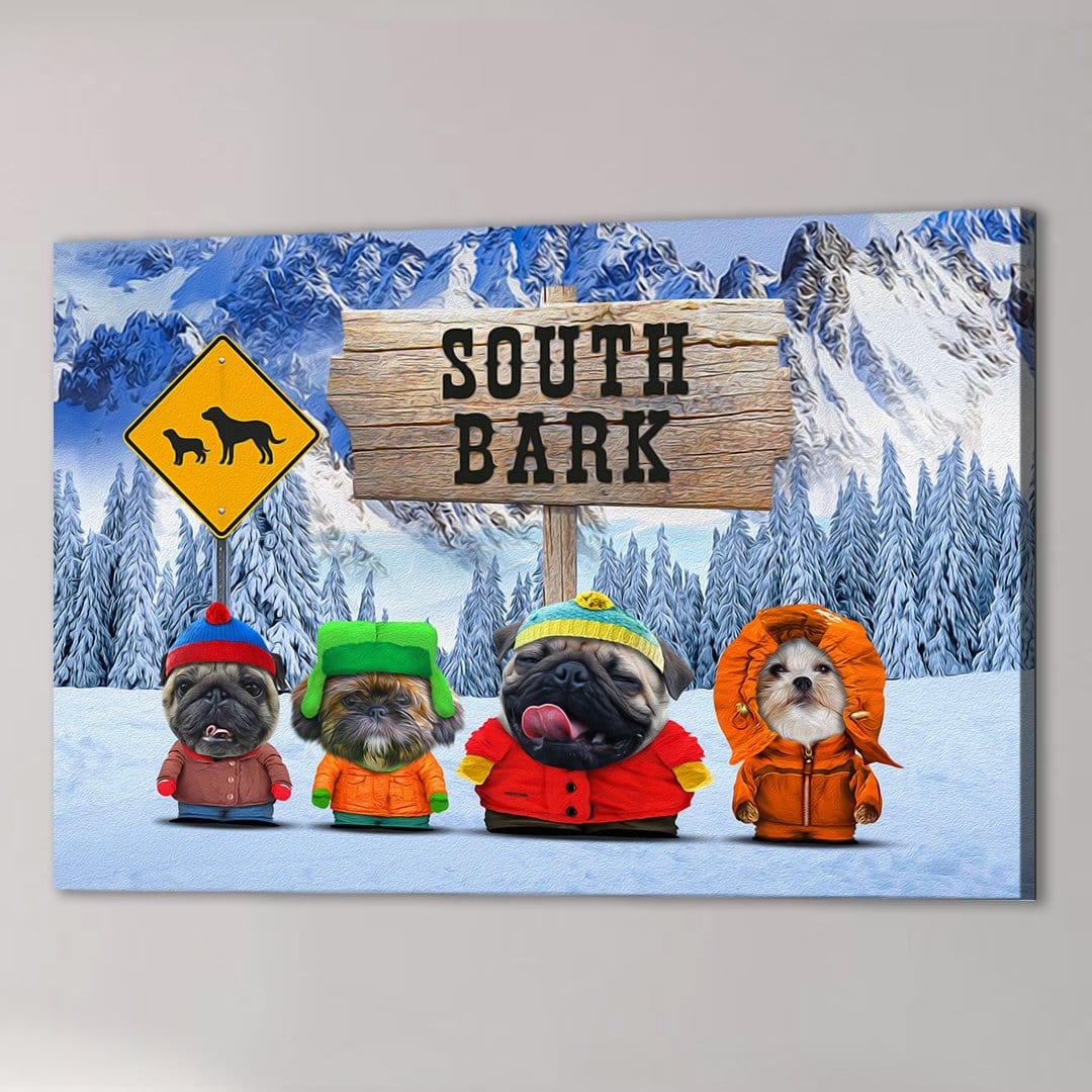 Custom 'South Bark' canvas featuring four pets dressed in winter coats, standing in a snowy mountain scene.