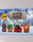 Custom 'South Bark' canvas featuring four pets dressed in winter coats, standing in a snowy mountain scene.