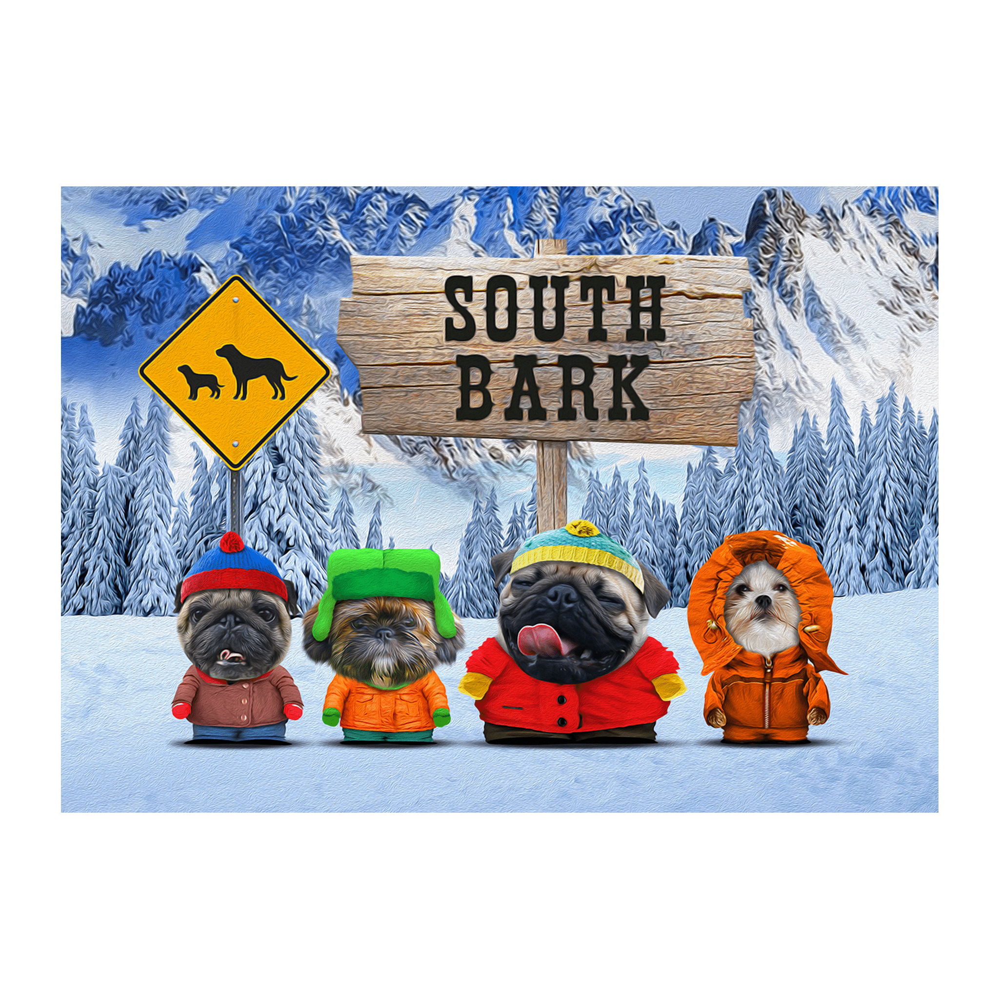 Custom South Bark digital portrait of four pets dressed in winter clothes in a snowy mountain scene.