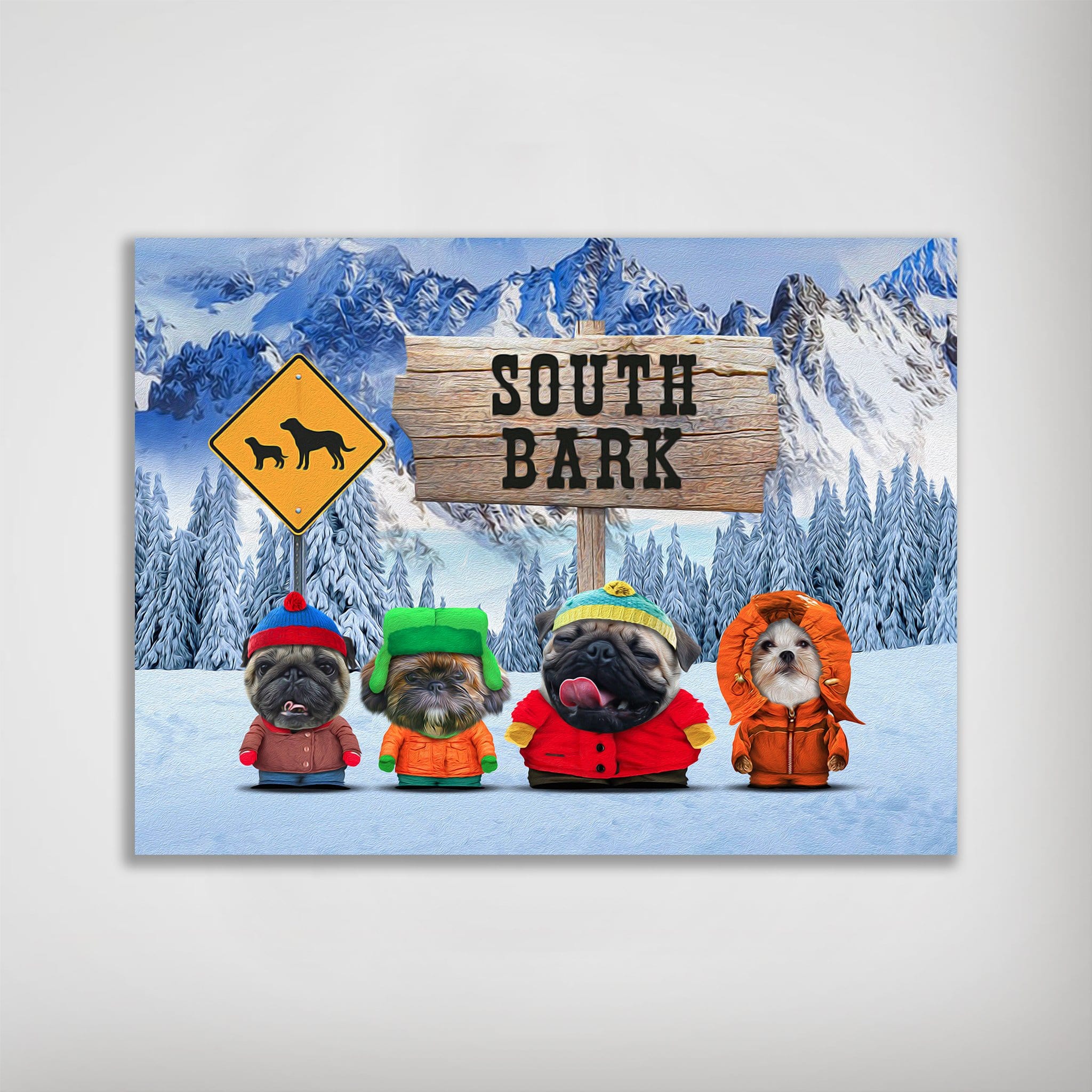 South Bark personalized 4 pet poster featuring dogs in winter coats against snowy mountains.