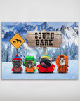 South Bark personalized 4 pet poster featuring dogs in winter coats against snowy mountains.